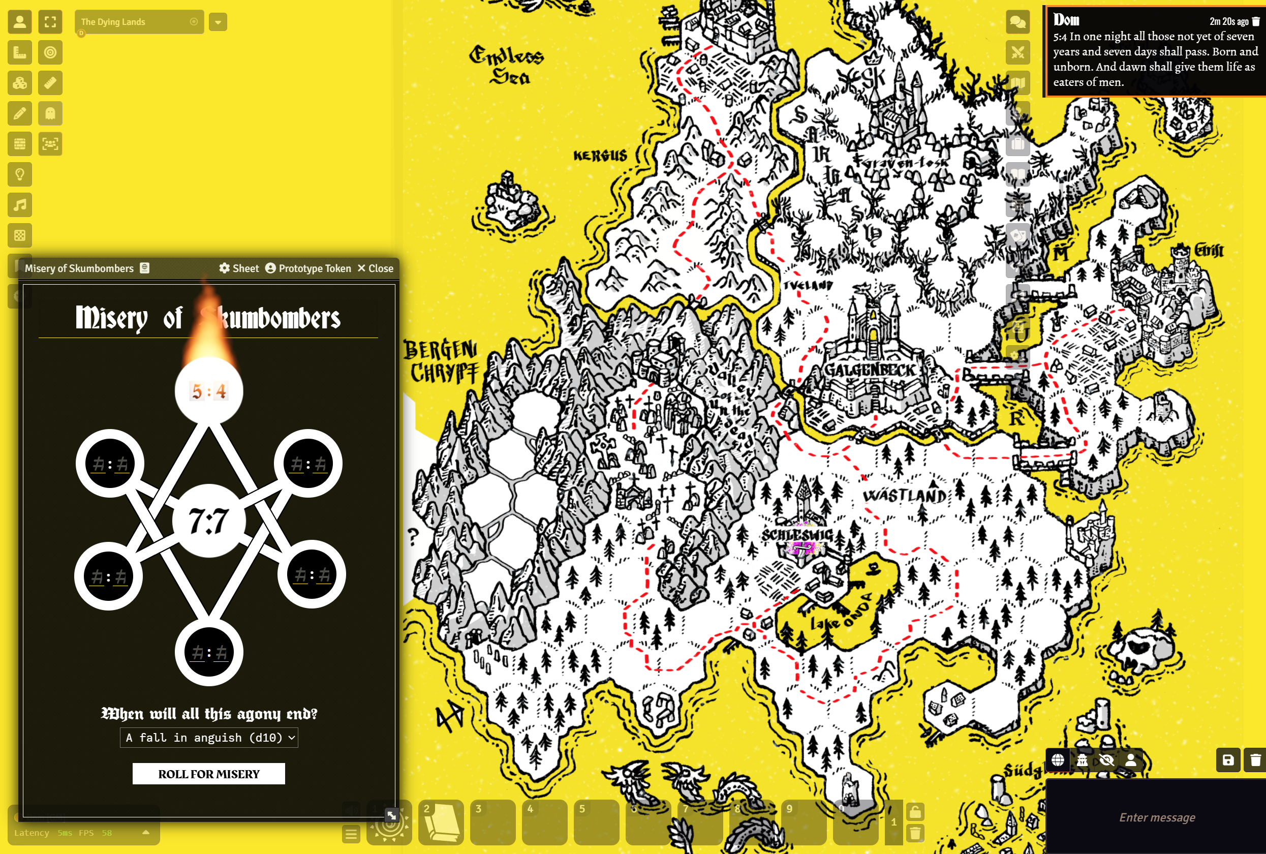 A screenshot of FoundryVTT showing a hex map of The Dying Lands from MÖRK BORG, and the first of seven miseries: "PSALM I (5:4) In one night all those not yet of seven years and seven days shall pass. Born and unborn. And dawn shall give them life as eaters of men."